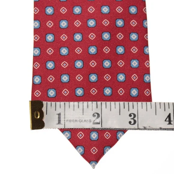 Drake's NWT Neck Tie in Red with Light Blue & White Geometric Pattern 100% Silk